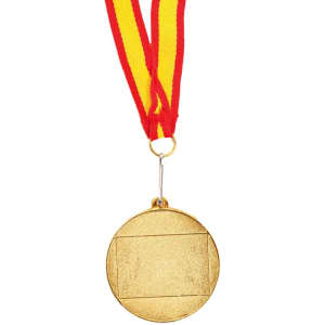 A gold medal with a textured surface, suspended from a red and yellow striped ribbon.