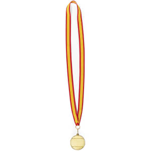 A gold medal on a red and yellow ribbon, featuring a round design, suitable for awards and trophies.