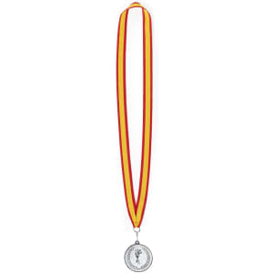 A silver medal with a decorative ribbon featuring red and yellow stripes.