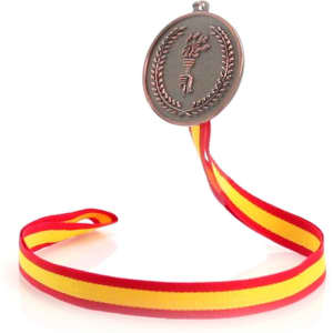 A silver medal featuring a torch design, attached to a red and yellow ribbon.