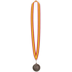 A bronze medal hanging from a yellow and red ribbon, designed for awards and trophies.