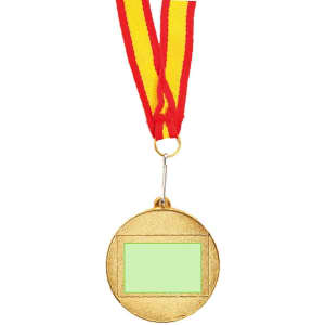 A gold medal with a green centre, suspended from a red and yellow striped ribbon.