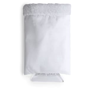 A white ice scraper with a fluffy grey cuff at the top, featuring a clear scraping edge at the bottom.