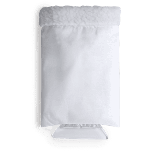 A white insulated ice scraper with a plush top, featuring a clear base and a simple logo.