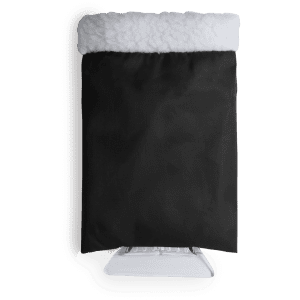 A black ice scraper with a white plush collar, featuring a logo on its surface.
