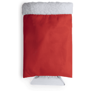 A red ice scraper featuring a plush white fleece upper for grip and comfort. The product has a logo on it.