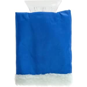 A blue ice scraper with a white, fluffy bottom. It features a clear scraping edge and has a logo on the handle.