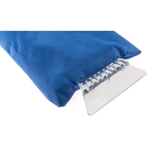 A blue ice scraper with a soft fabric backing and a clear scraping edge. It features a logo on the surface.