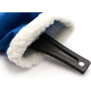 A blue ice scraper with a black blade, featuring a soft, white fleece lining. It has a small hole for hanging.