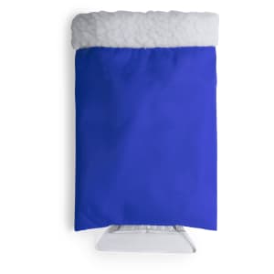 A blue ice scraper with a white, fluffy top, featuring a smooth surface and an integrated handle. It has a logo.