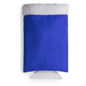 A blue ice scraper with a white, fluffy top. It features a logo on the side.