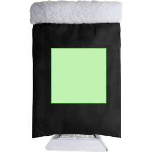 A black ice scraper with a white fluffy top and a green square area. It features a logo at the bottom.