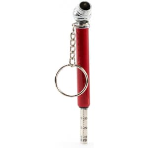 A red Wen pressure gauge with a metal keyring attachment and a measuring scale for pressure.