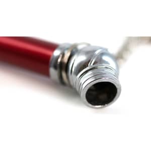 A red pressure gauge with a silver metal attachment, featuring a chain for keyring use.