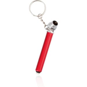 A red pressure gauge keychain with a silver attachment. The design features a cylindrical body with a dark lens.