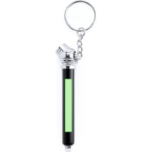 A black and silver pressure gauge keyring with a green indicator on the body and a silver keyring attachment.