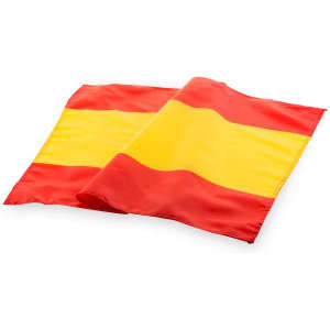 Two flags featuring horizontal red and yellow stripes, designed for events and exhibitions, with a logo present.
