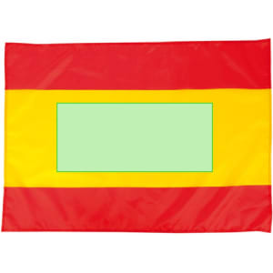 A rectangular flag featuring red and yellow horizontal stripes with a blank green central panel. It has a logo in one corner.