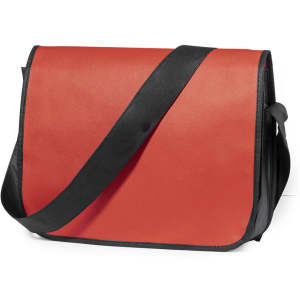 A red document bag with a black strap and trim, featuring a flap closure and a smooth surface.