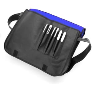 A black document bag with a blue flap and multiple pen pockets on the front. It features an adjustable strap and has a logo.