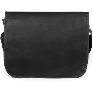 A black document bag with a flat design, featuring a shoulder strap and a logo.