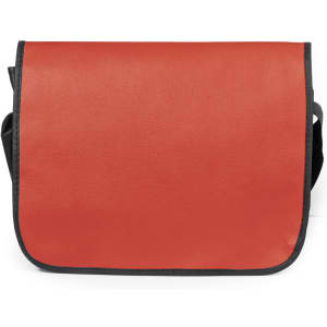 A red document bag with black trim and an adjustable shoulder strap, featuring a logo.