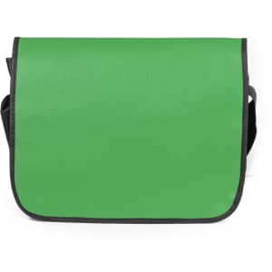 A green document bag with a black trim and an adjustable shoulder strap. It features a simple design with no additional embellishments.