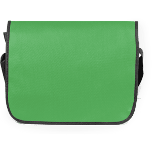 A green document bag with a black trim and adjustable strap, featuring a logo on the front.