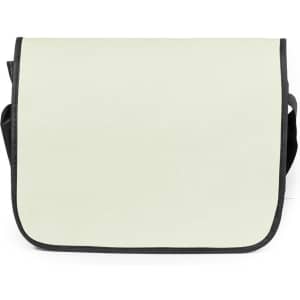 A light cream document bag with a black trim and an adjustable strap, featuring a logo.