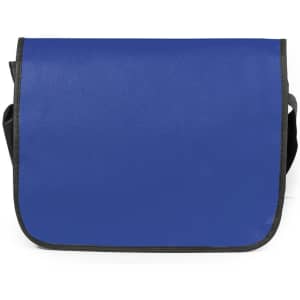 A blue document bag featuring a sleek design with a black trim and an adjustable strap. It has a logo.
