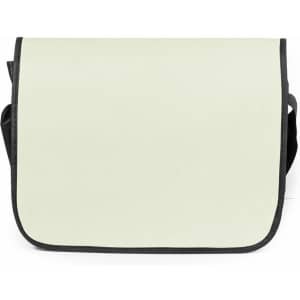 A cream document bag with black trim, featuring a flap closure and an adjustable strap. It has a logo.