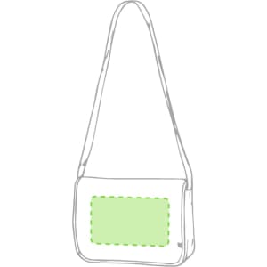 A green document bag with a long shoulder strap and a blank area for branding or customization.