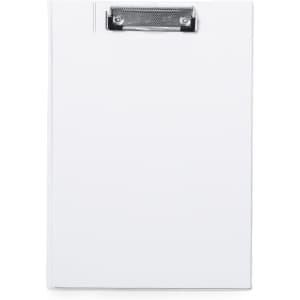 A white clip folder featuring a metal clip for securing documents, suitable for office use.
