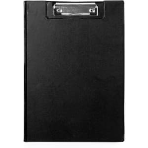 A black clip folder with a metallic clip at the top. It has a smooth, matte finish and no additional features.