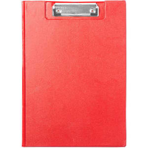 A red Clasor Folder with a metallic clip at the top, designed for holding documents and notes.