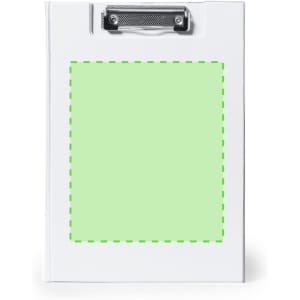 A white folder with a clip and a green highlighted area, featuring a logo on the clip.