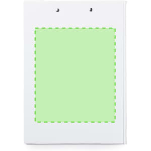 A white folder with a light green square section, featuring two metal rings at the top and a logo.