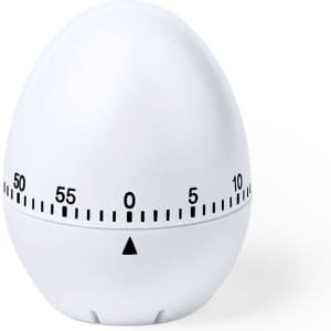 A white egg-shaped timer with a graduated scale up to 60 minutes and a black arrow indicator at the base.