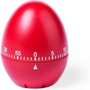 A red egg-shaped kitchen timer with a white count-up scale from 0 to 60 minutes.