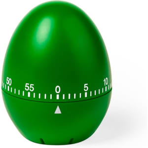 A green egg-shaped timer with white markings for minutes and seconds, featuring a small adjustment dial at the base.