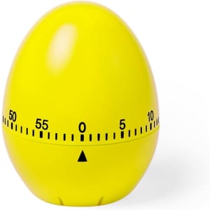 A yellow egg-shaped timer with a dial marked from 0 to 60 minutes and a logo on the base.
