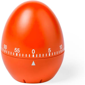An orange egg-shaped timer with a white circular dial and markings from 0 to 55 minutes.