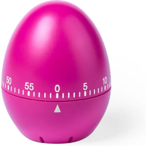 A pink egg-shaped timer with a white numeric scale and an adjustable dial at the bottom.