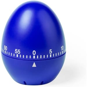 A blue egg-shaped timer with a white numerical scale ranging from 0 to 60 minutes.