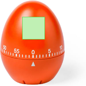 An orange egg-shaped timer with a numbered dial and a square display area. Features a branding logo.