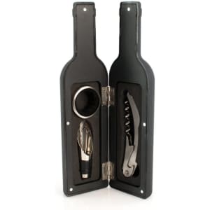 A wine set in a bottle-shaped case, featuring a corkscrew, aerator, and pourer in silver and black.