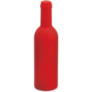 A red silicone wine bottle replica with a smooth surface and a standard bottle shape, featuring a logo.