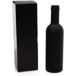 A black wine bottle is displayed next to its matching black box, featuring a sleek, minimalist design.