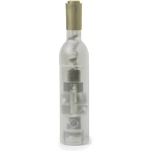A transparent bottle-shaped corkscrew with a metallic corkscrew top and internal mechanisms. It has a logo.