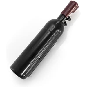 A black corkscrew designed like a wine bottle, featuring a maroon top and a metal spiral. It includes branding.